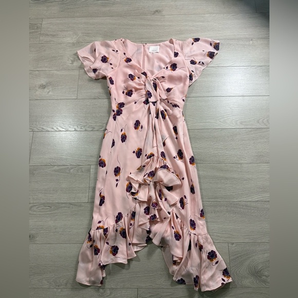 CINQ A SEPT Mateo Floral Ruffle 100% Silk Ruffle Dress in Pearl Blush - Picture 6 of 16